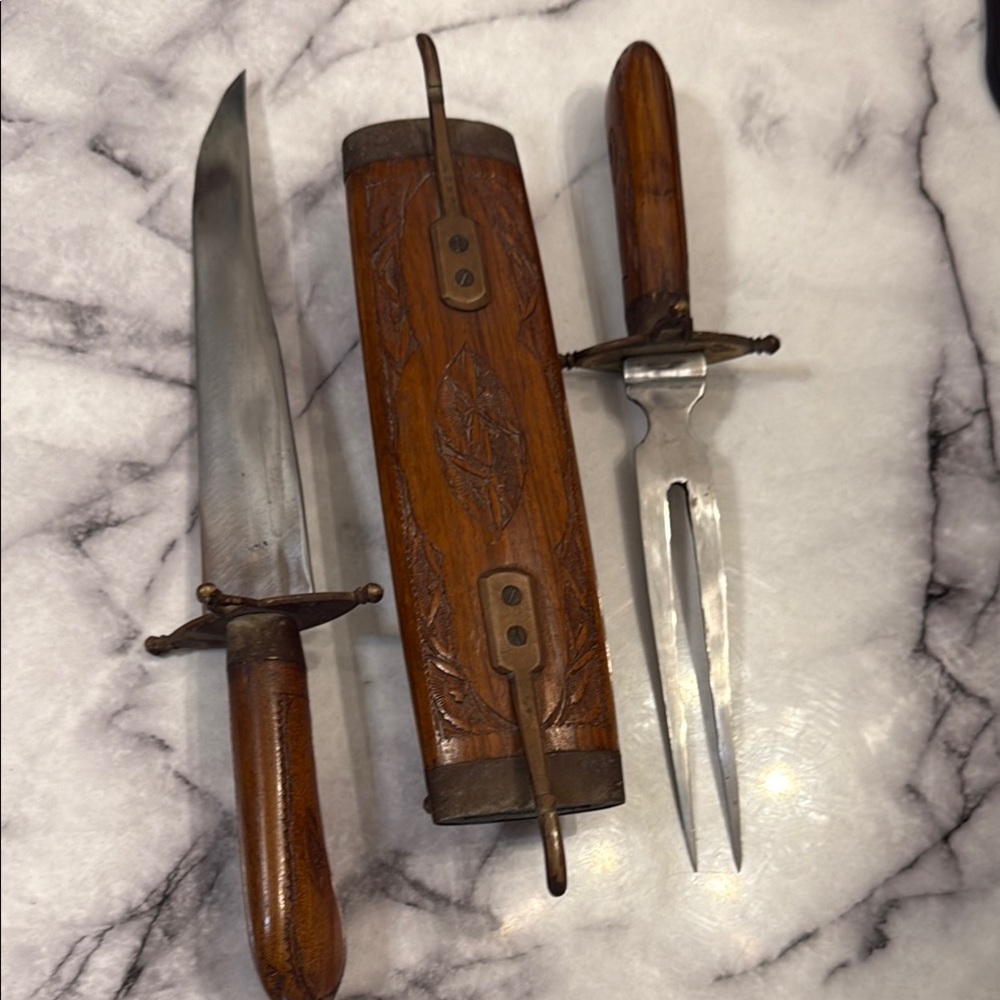 Knife and Fork Serving Set Hand Carved Wood Handle and Display Case India